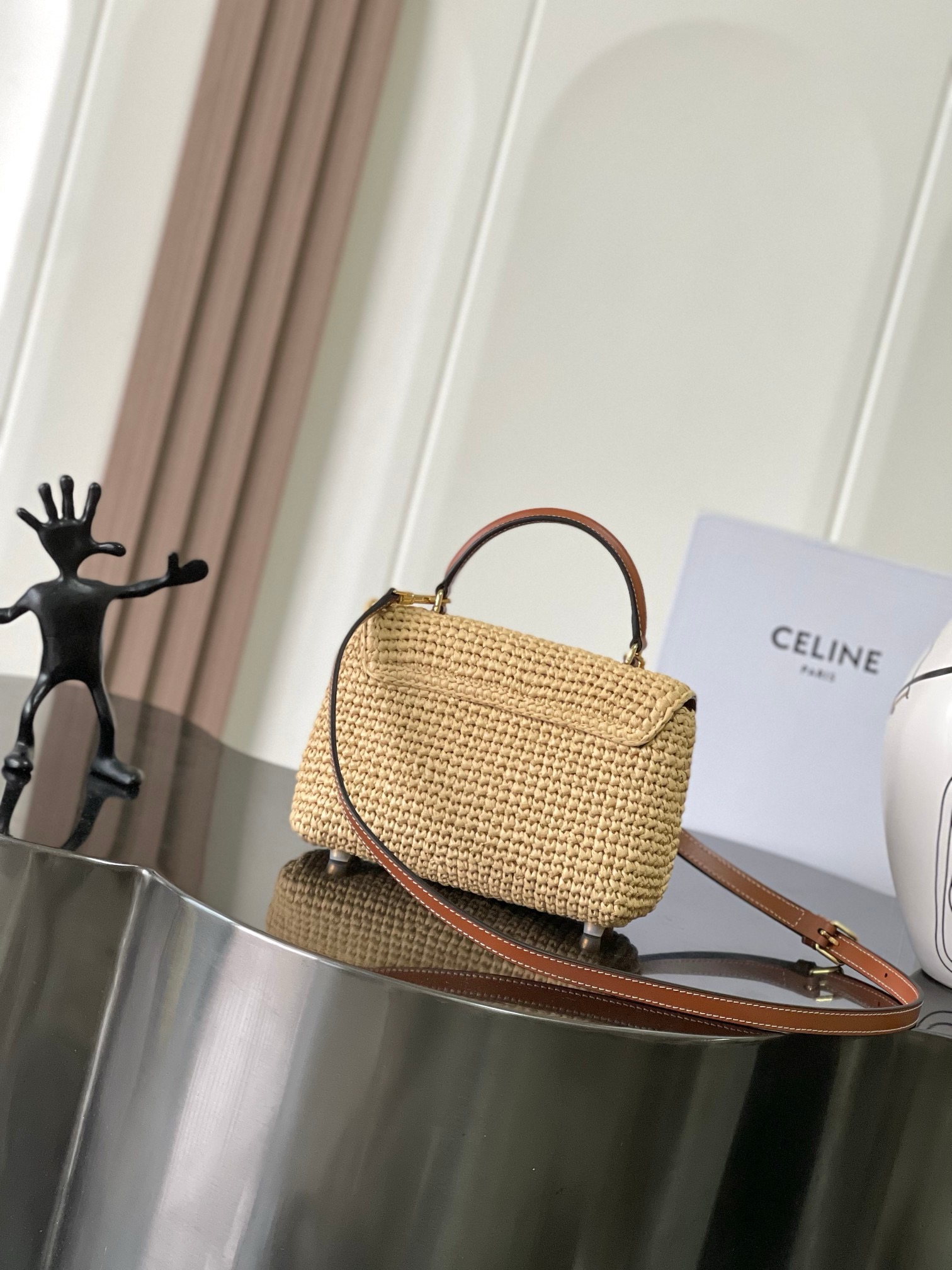 Celine TEEN NINO BAG  IN RAFFIA WITH TRIOMPHE EMBROIDERIES 118113 NATURAL & TAN