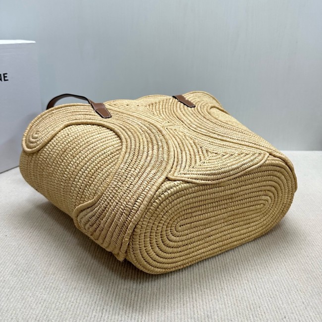 CELINE CLASSIC PANIER SMALL BRAIDED TRIOMPHE in RAFFIA and CALFSKIN 116982 NATURAL & TAN