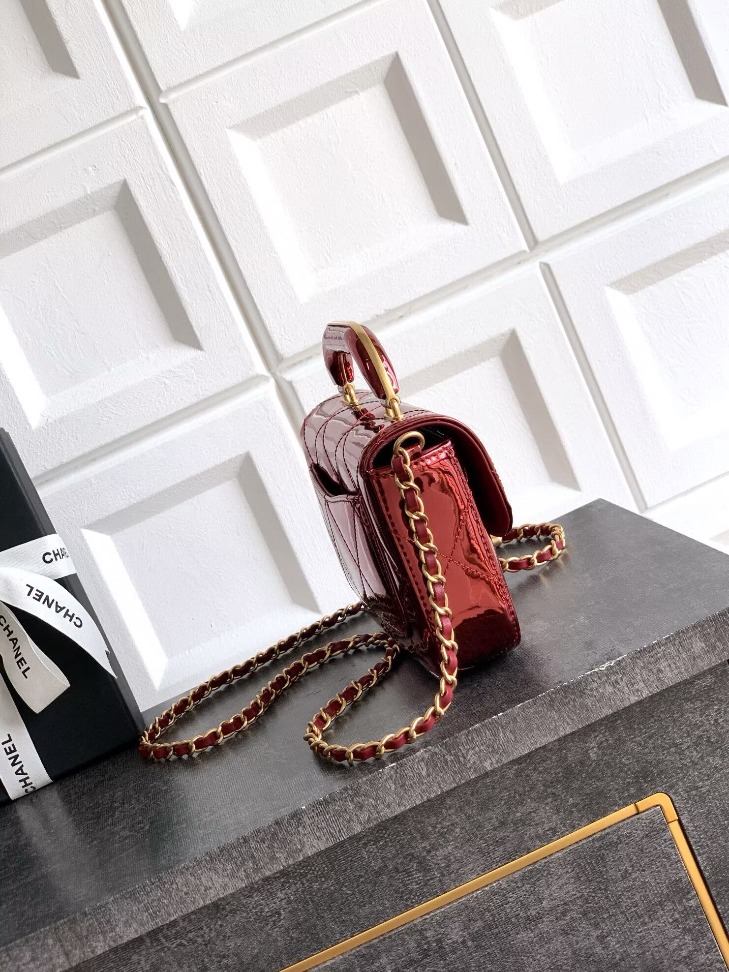 Chanel 25K Original Patent Leather Top Handle Bag  A6320 Wine