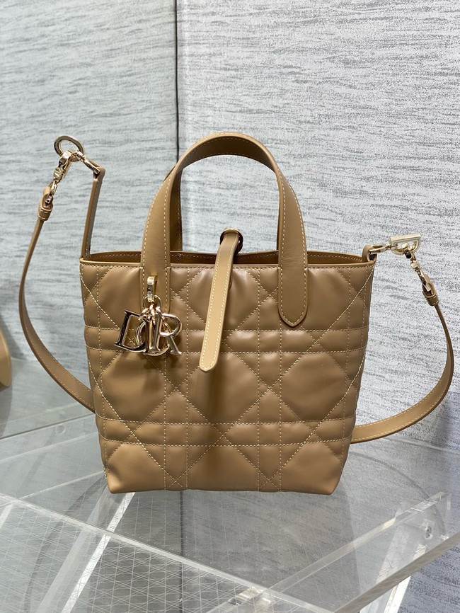 Small Dior Toujours Vertical Tote Bag Macrocannage Crinkled Calfskin M2835 Apricot