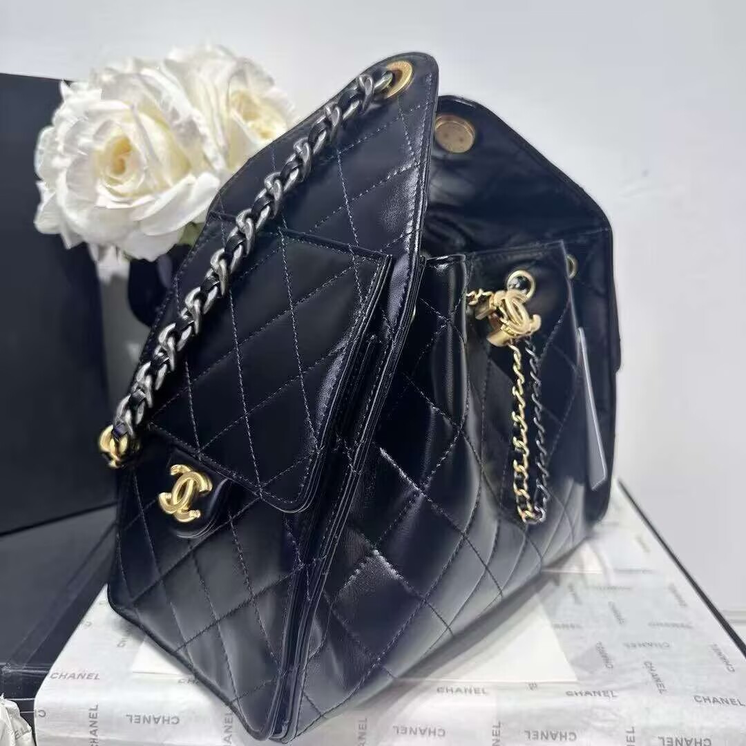 CHANEL 25 SMALL ORIGINAL LEATHER HANDBAG AS5293 Black Gold&Silver-Tone