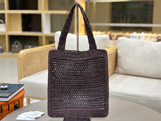 Chloe SUMMER straw and leather tote bag 0824P dark brown