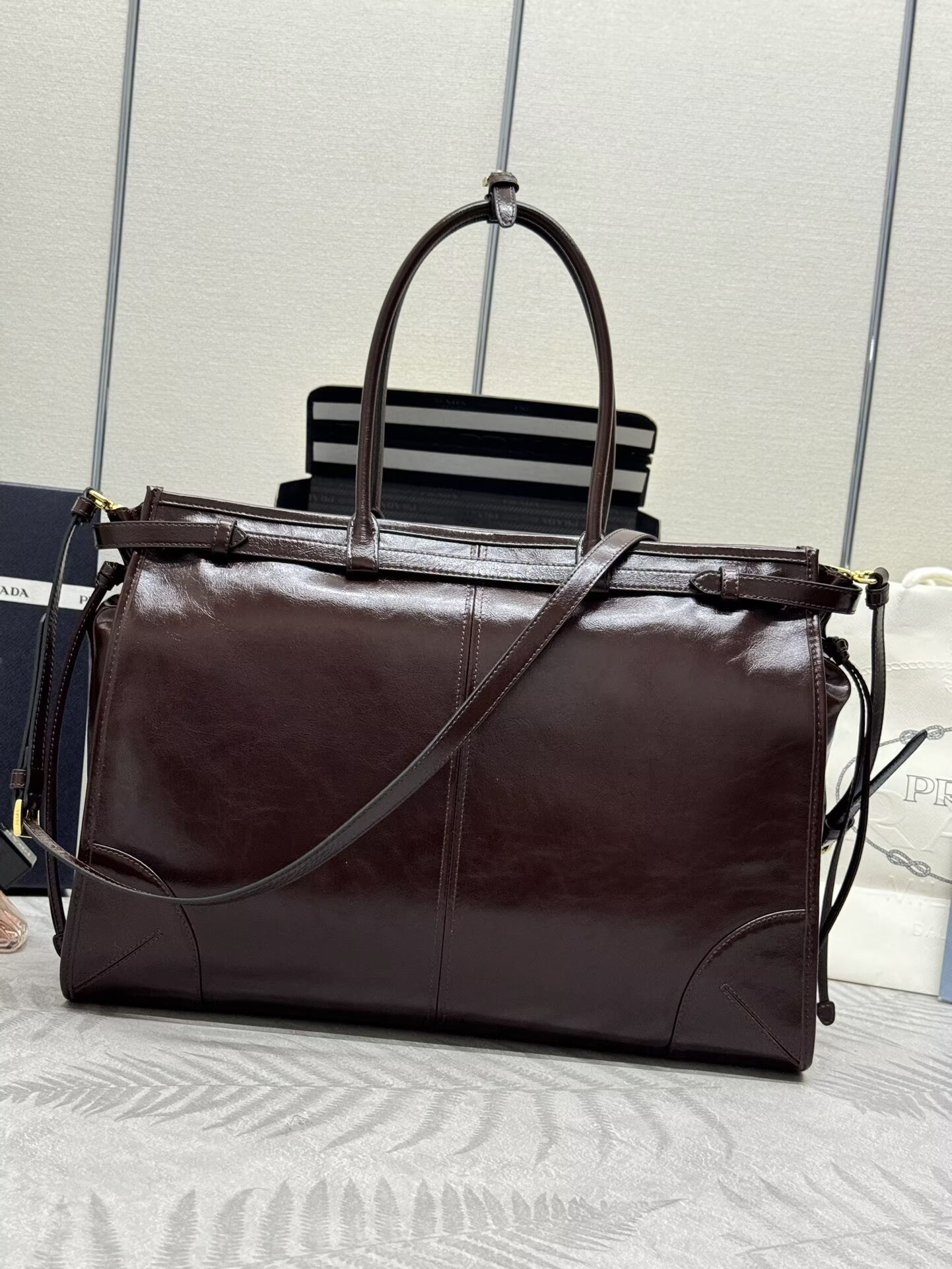 Prada Large Bonnie Leather Tote Bag 1BA439 Dark Brown