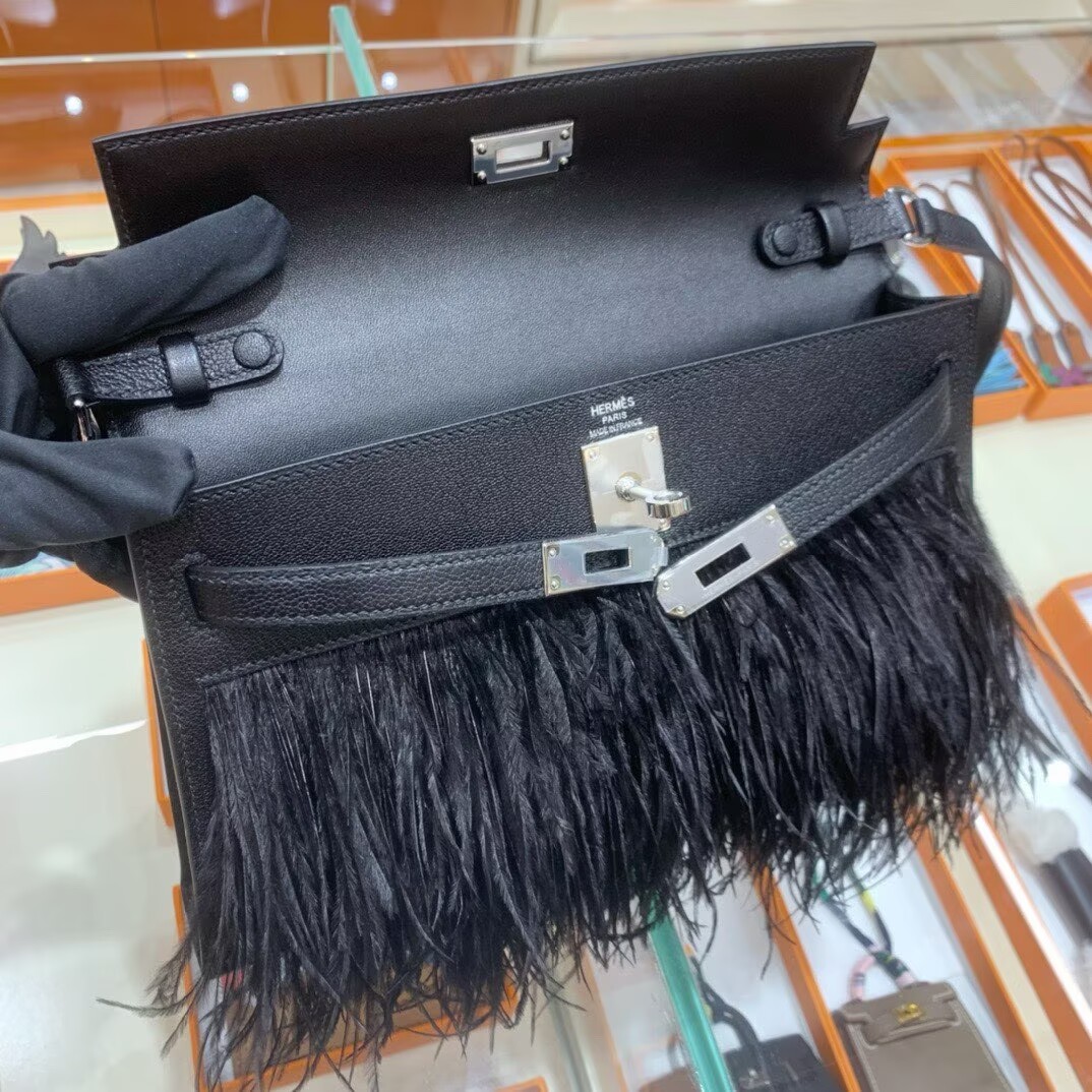 Hermes Kelly Elan Original Leather Ostich Feathers Bag 83210 Black