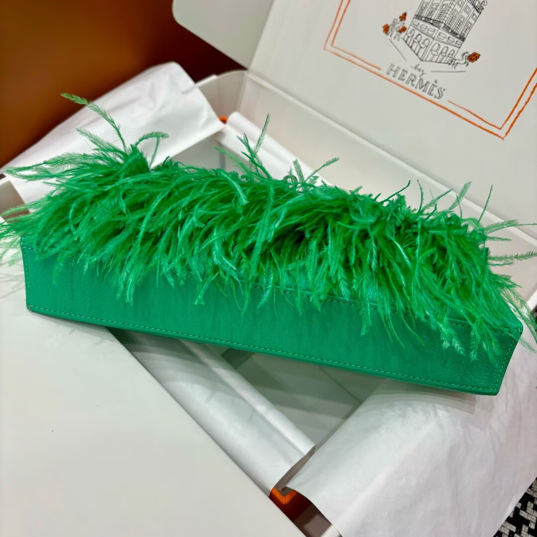 Hermes Kelly Elan Original Leather Ostich Feathers Bag 83210 Green